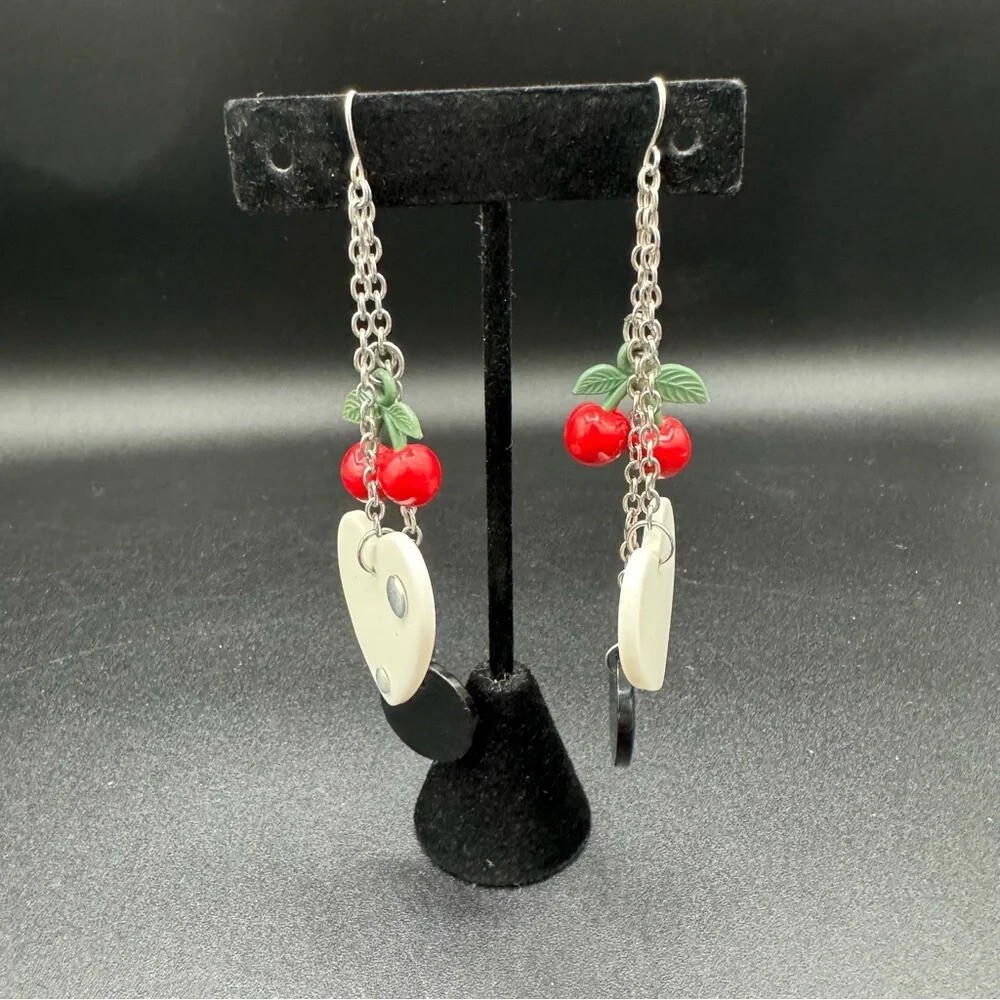 Red Cherry Heart Dangly Earrings 90s Style - Picture 11 of 11